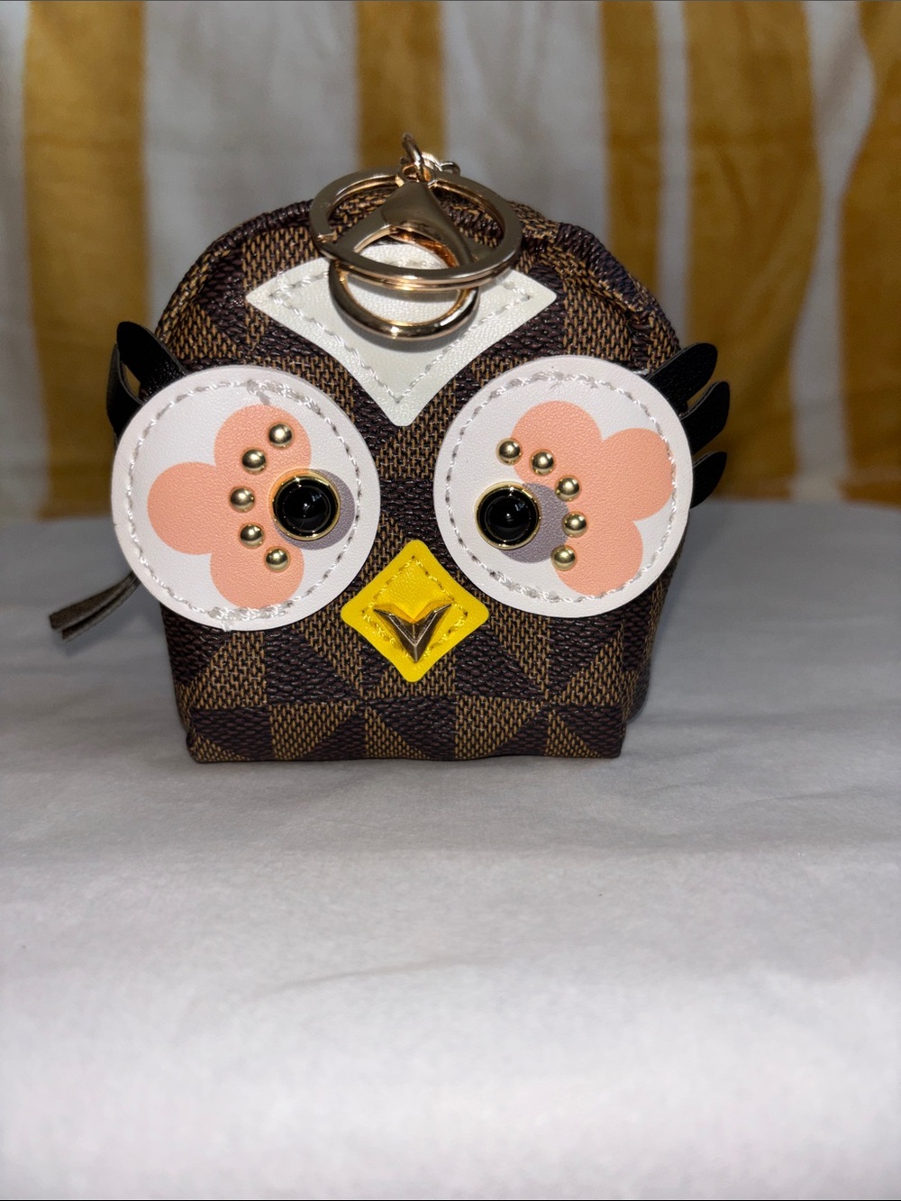 Louis-inspired Brown Check Mini Owl Bag Charm with Pink and Yellow Accents